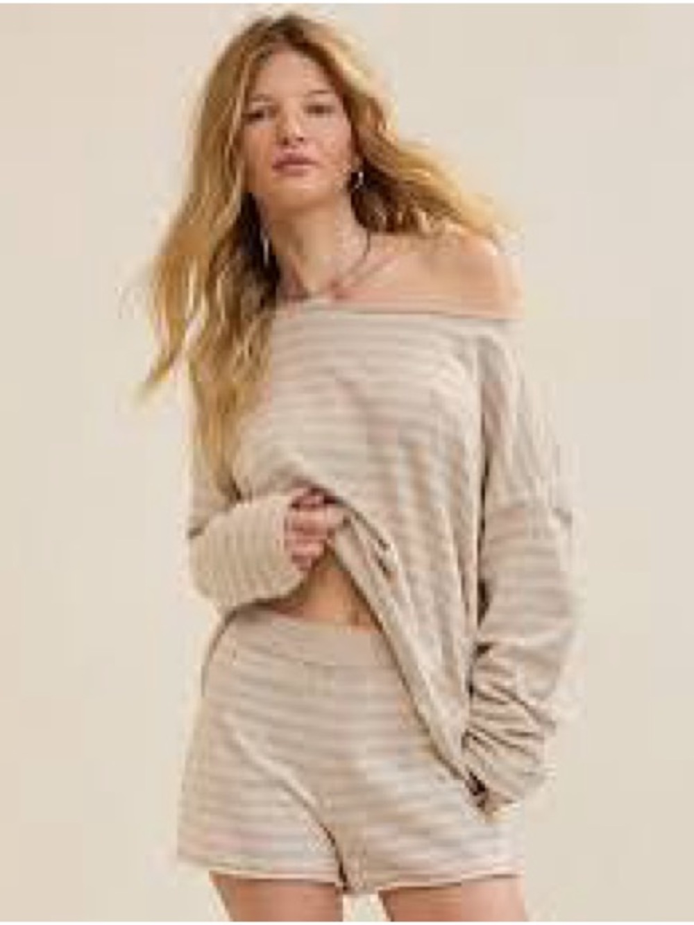 Striped High Waist Lounge Shorts Set - Cream